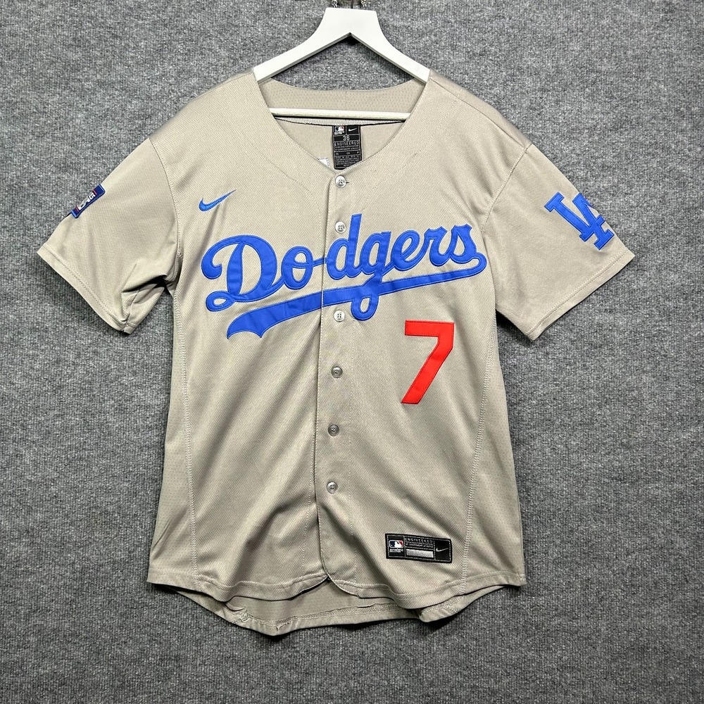 Nike MLB Dodgers Julio Urias Jersey Mens 36 Gray Good 2020 World Series Patch